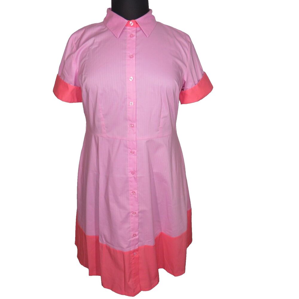 Isaac Mizrahi Live Pink Coral Color Block Poplin Button Up Shirt Dress Size 14
